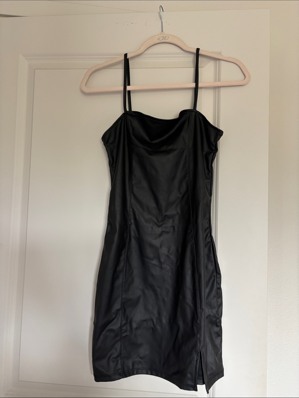 H&M Black Faux Leather Mini Slip Dress with Spaghetti Straps